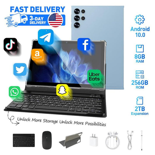 New Android 10.1” Tablet Bundle 2-In-1 Portable Device with Keyboard, Mouse, Stylus and Accessories, 8GB RAM 256GB Storage for Daily Productivity